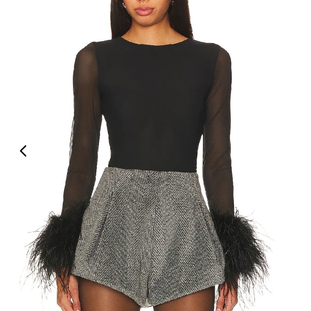 NWT! ALICE + OLIVIA Black on Black Delaina Feather-Trimmed Mesh Top Size Small